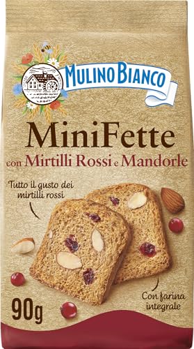 Mulino Bianco Mini Fette con Mirtilli Rossi e Mandorle con Farina Integrale, Ricche di Fibra, Fette Biscottate Integrali Senza Olio di Palma, Ideali per Pausa Golosa o Colazione, 90 g