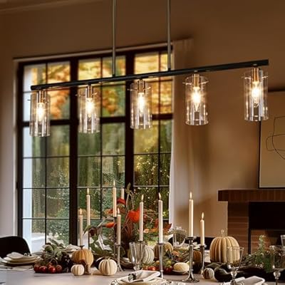 KSANA 5-Light Kitchen Island Lighting, Modern Black and Gold Dining Room Chandelier, Industrial Linear Pendant Lighting with Clear Glass and Electroplated Brass Accents