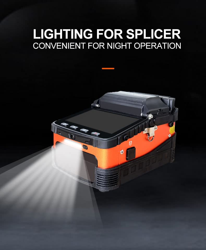 The splicer's built-in LED light illuminating the work area for night operation