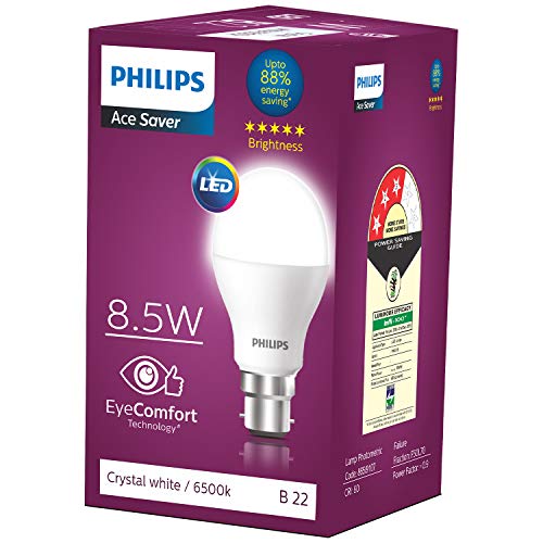Image of Philips Ace Saver 8.5W B22 LED Bulb, Crystal White, Pack of 8