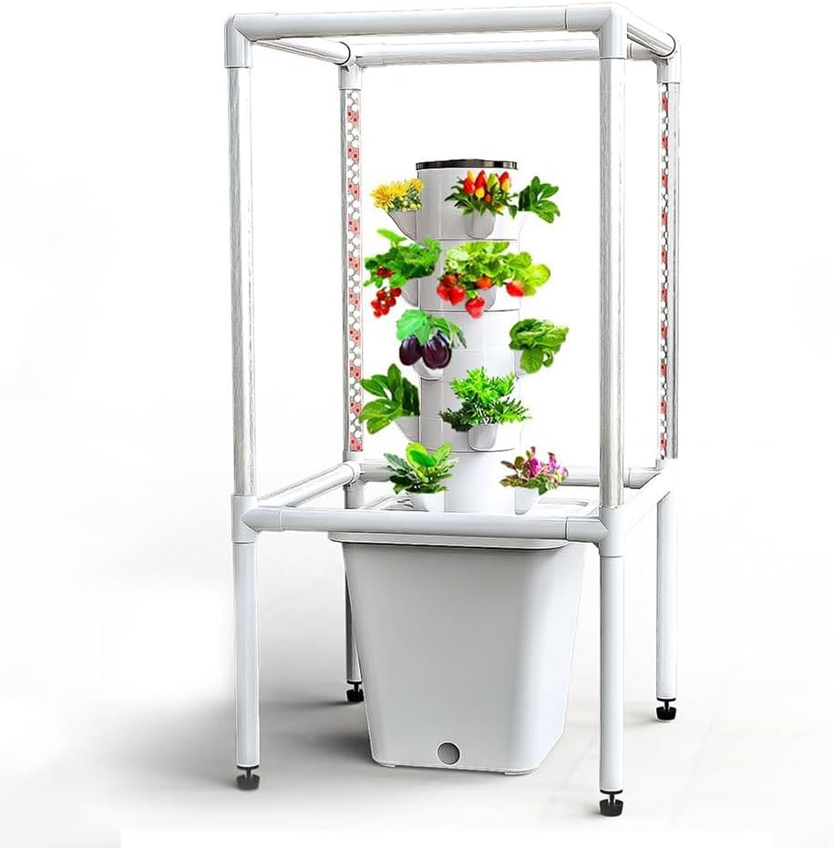 Tower Garden Hydroponics Growing System, 20-30-Plant Indoor Vertical Garden with LED Timing Grow Light, Nursery Germination Kit with Pump and Movable Water Tank (No Seedlings Included) ( Color : Gris