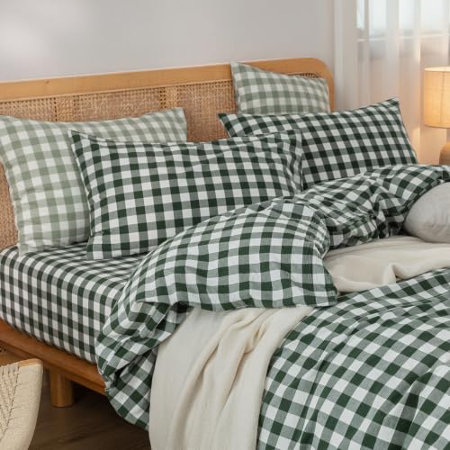 Image of BESTOUCH Gingham Cotton Duvet Cover Set Green Super King | Washed Cotton, Linen Feel, Soft Wrinkle Texture, Hidden Zipper, 8 Ties, Breathable Lightweight Durable Comfy, 3 Pcs No Insert