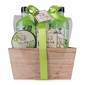 Accentra – doucheset dames cadeauset OLIJF in mooie houten kist – 5-delige verzorgingsset met douchegel, bubbelbad, bodylotion, bodypeeling en badzout – wellness cadeauset voor een verjaardag