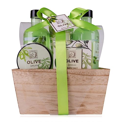 Accentra - Set de ducha para mujer OLIVE estuche de regalo bonito - Kit tratamiento 5 pz con gel duche, baño espuma, loción cuerpo, exfoliante corporal y sales-baño - Surtido bienestar para cumpleaños