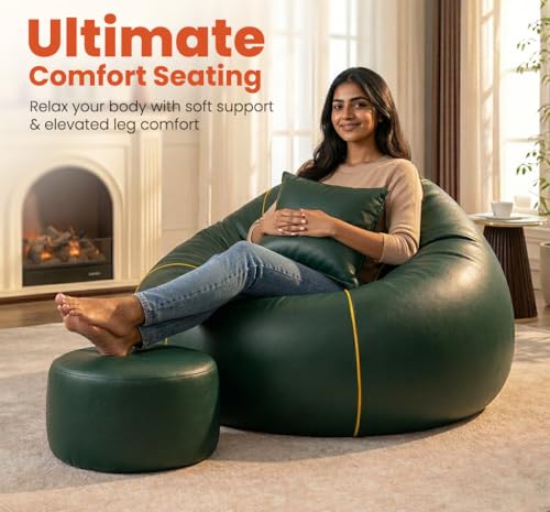 Image of Sattva Piping 3XL Sofa Style Bean Bag Chair with Beans Filled | Faux Leather Bin Bags Sofa Combo with Footstool & Cushion | Large Beanbags for Adults, Teens & Home - Dark Green with Yellow Piping