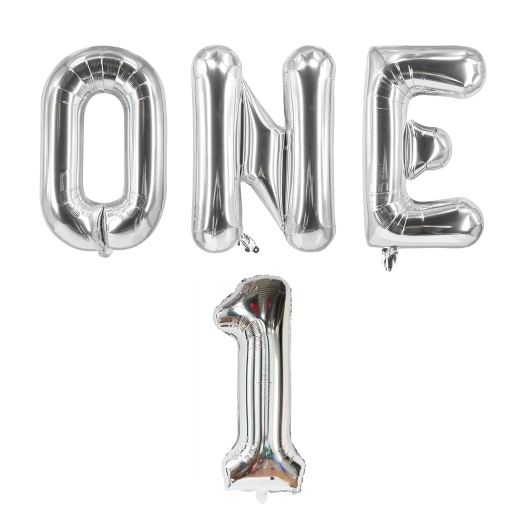 4 Pcs One Balloon Set 40 Inch ONE Letter Balloon and 1 Number Balloon Big Silver Large Balloons for 1st Birthday Decorations Boys Girls Pet