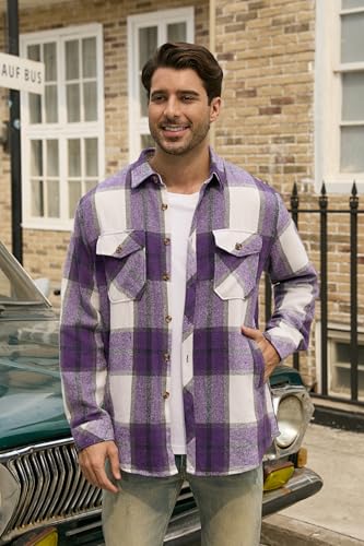 Image of Cromoncent Mens Boys Thick Flannel Shirt Long Sleeve Shirt Jacket Casual Button Down Multi Pockets Shacket