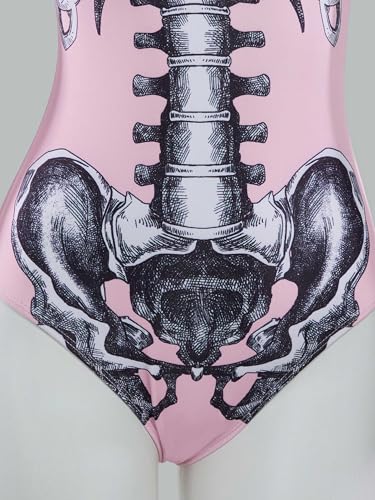 haikyuu Women Pink Skeleton One Piece Swimsuit Long Sleeve Skull Bodysuit Swimwear Goth Gothic Bathing Suit4