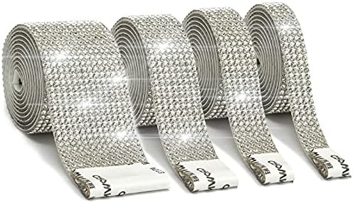 4 Rolls/1 Yards Self Adhesive Crystal Rhinestone Ribbon, Adhesive Gem Diamond Stickers for Car Bling, Glitter Ribbon for Craft and Cake Decoration(Silver, 4 Yards)