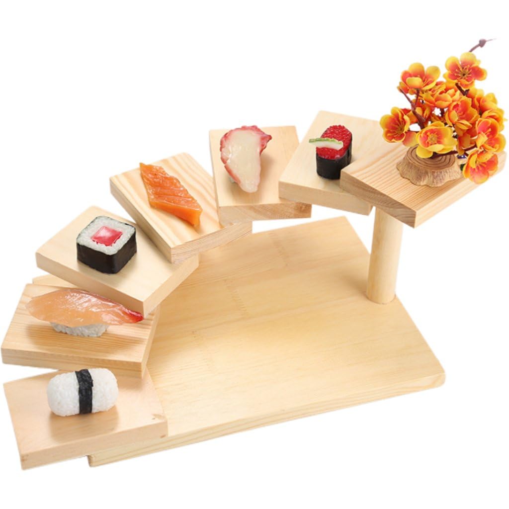 Fituenly Japanese Wood Sushi Plate, Stepped Stair Tray for Sashimi & Rolls, 7 Step Rising Sushi Board, Restaurant Home Dinnerware