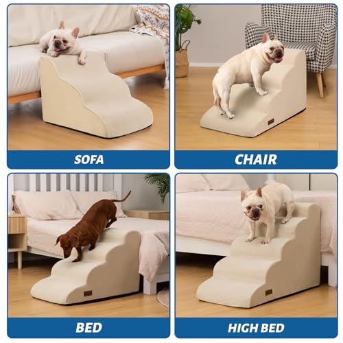 Image of Aodisman Dog Stairs for Small Dogs and Cats,3-Step Pet Ramp for Couch,Chair | 15.7 inch H Non-Slip Sturdy Dog Steps with Curved Ramp for Senior,Short-Legged Dogs,Puppy and Cats to Reach Sofa or Chair,Beige