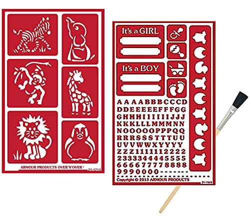 2 Armour Etch Over N Over Reusable Glass Etching Stencils Set | Baby Shower, New Parent, It's A Girl, It's A Boy, Animals Themed Stencil | Set Includes Brush, Total 3 Items