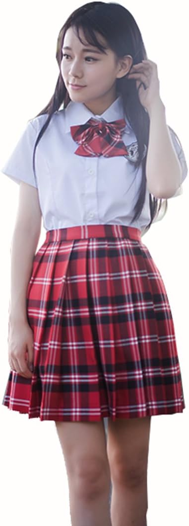 Women Girls Short Plaid Pleated Skirts Uniform Cosplay Costumes 4 Red Black White