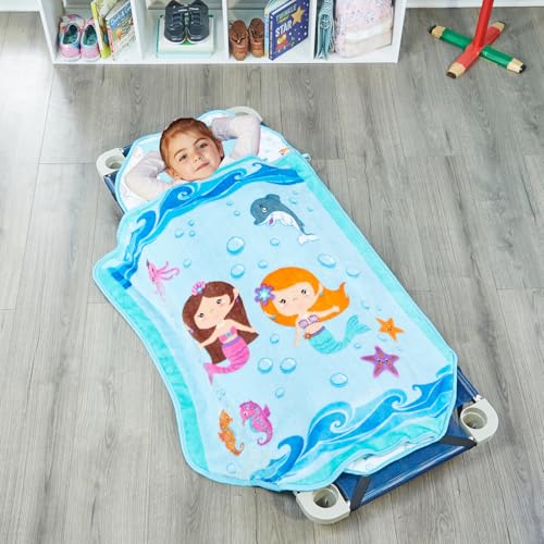 Image of EVERYDAY KIDS Cute Preschooler and Toddler Cot Nap Mat for Home, Daycare, Preschool and Kindergarten; Easy to Roll Sleeping Mat with Elastic Straps, Pillow and Blanket