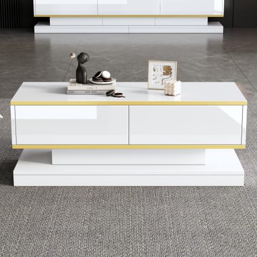 Merax Table basse brillante en blanc chaud avec bord doré, table basse moderne avec 2 tiroirs, 100 x 50 x 38 cm, idéale comme table à thé, table basse et...