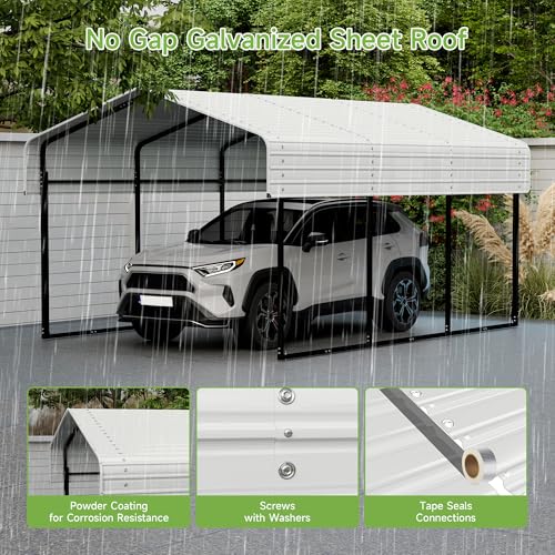 Image of Real Relax 10x15FT Heavy Duty Metal Carport, Outdoor Carport Canopy with Galvanized Steel Roof and Reinforced Base for All-Weather, Garage Shelter Shade for Trucks, Boats, Party, Cream White