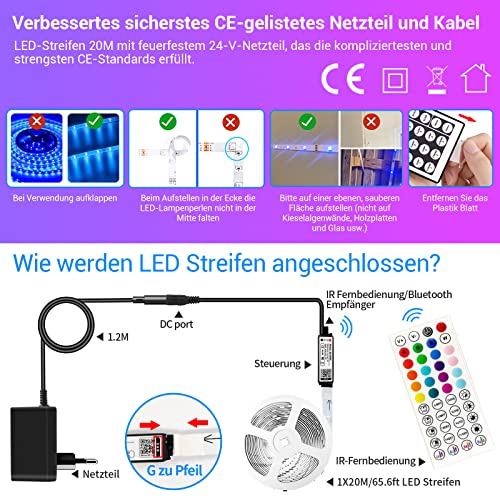 IKERY LED Strip 20m RGB Amb. Lightstrip Farbwechsel mit 16 Mio. Farben LED-Lichtband Sync mit Musik, mit Fernbedienung App-Steuerung, LED Streifen für Innenbereich Schlafzimmer Deko (1 Walze 20M) – Bild 6
