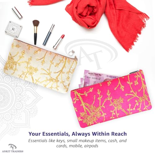 Image of Traditional Embroidered Zipper Purse for Women | Return Gifts for Baby Shower, Haldi, Mehendi, Wedding | Multicolor Ethnic Pouch Set