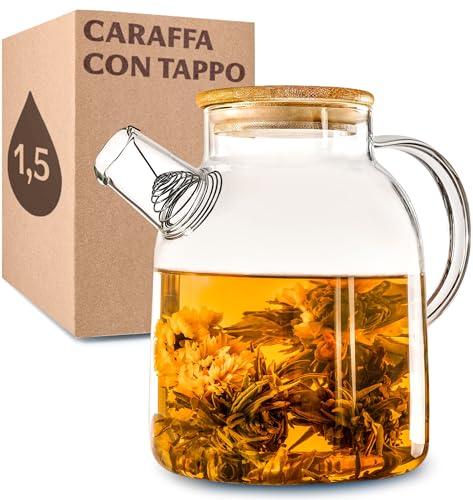Cosumy Caraffa Vetro 1,5 Litri con Tappo in Bambù - Filtro nel Beccuccio - Brocca per Acqua e Tè - Lavabile in Lavastoviglie