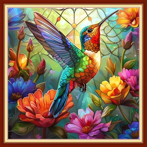 Image of Joyhoor Stamped Cross Stitch Kits for Beginners Needlepoint Kits for Adults Embroidery Kits 11CT Counted Cross Stitch Kits Printed Embroidery Pattern-Hummingbirds Collect Honey 18x18 inchs