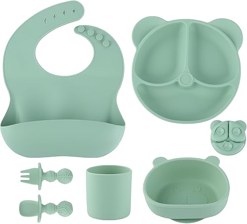 Juego de 6 piezas de silicona para alimentar al bebé, plato de silicona, cuchara y tenedor para niños pequeños, juego de suministros de alimentación