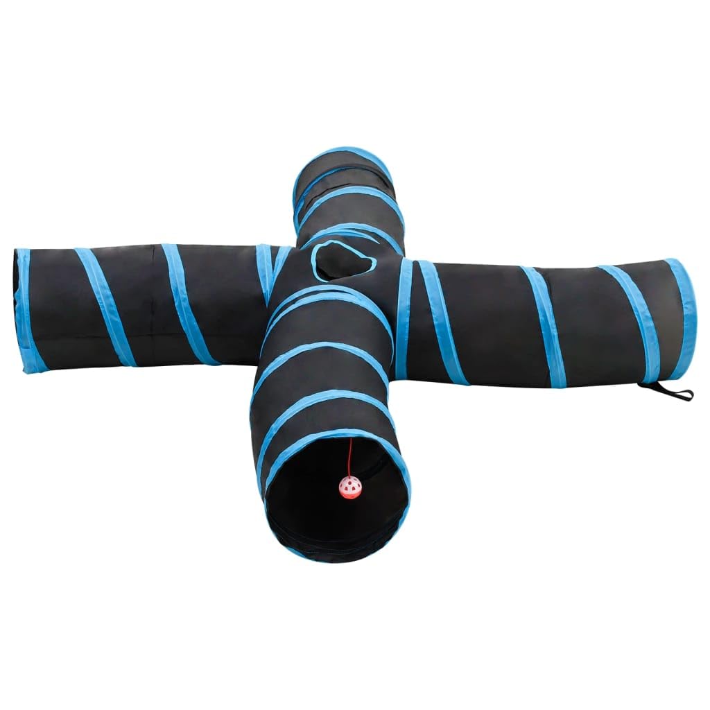 Katzentunnel 4 Wege Schwarz Blau 25 cm Polyester, Krabbeltunnel mit Guckloch, Faltbar mit Tragetasche, für Indoor Outdoor, Spielzelt, Versteck, Höhle, Garten, Park