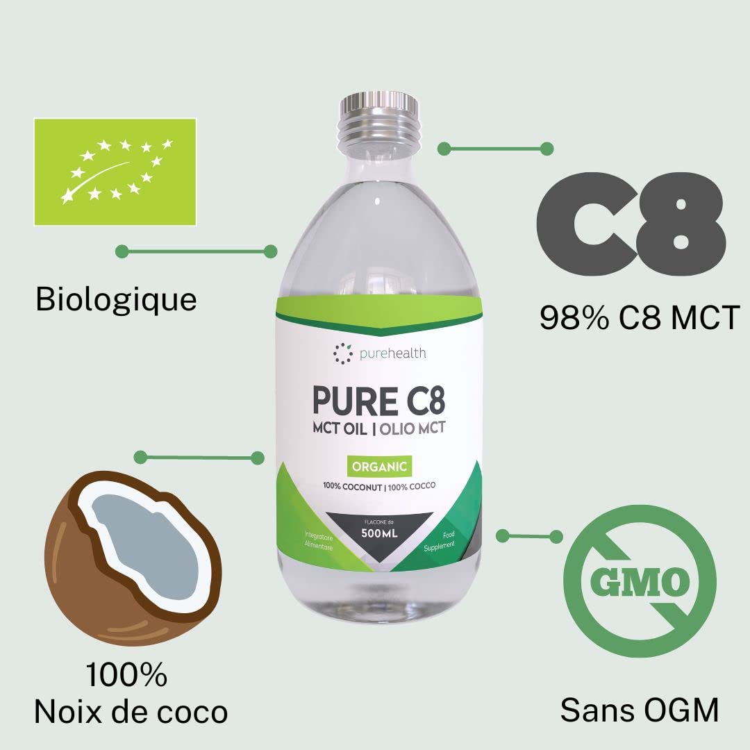 Huile de noix de coco MCT 100%| Acide caprylique C8 | Paléo | Cétone | Végétalien | Sans gluten | Bouteille sans BPA (500ml Biologique C8)