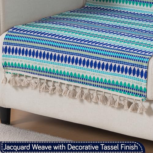 Image of HOKIPO 'Artisan Boho Series' 450 GSM Sofa Cover with Tassels | Multicolor Cotton Acrylic Jacquard Slipcover for 1 Seater Sofa, Size 152x60 cm, Royal Blue (IN-907-A2)