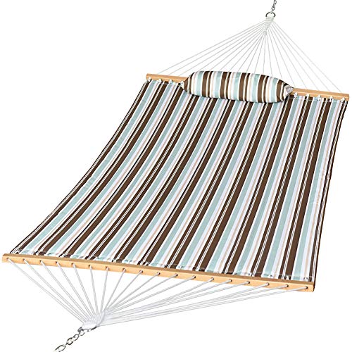 Prime Garden Quilted Fabric Hammock with Pillow, Hardwood Spreader Bars, 2 People (Blue/Brown)