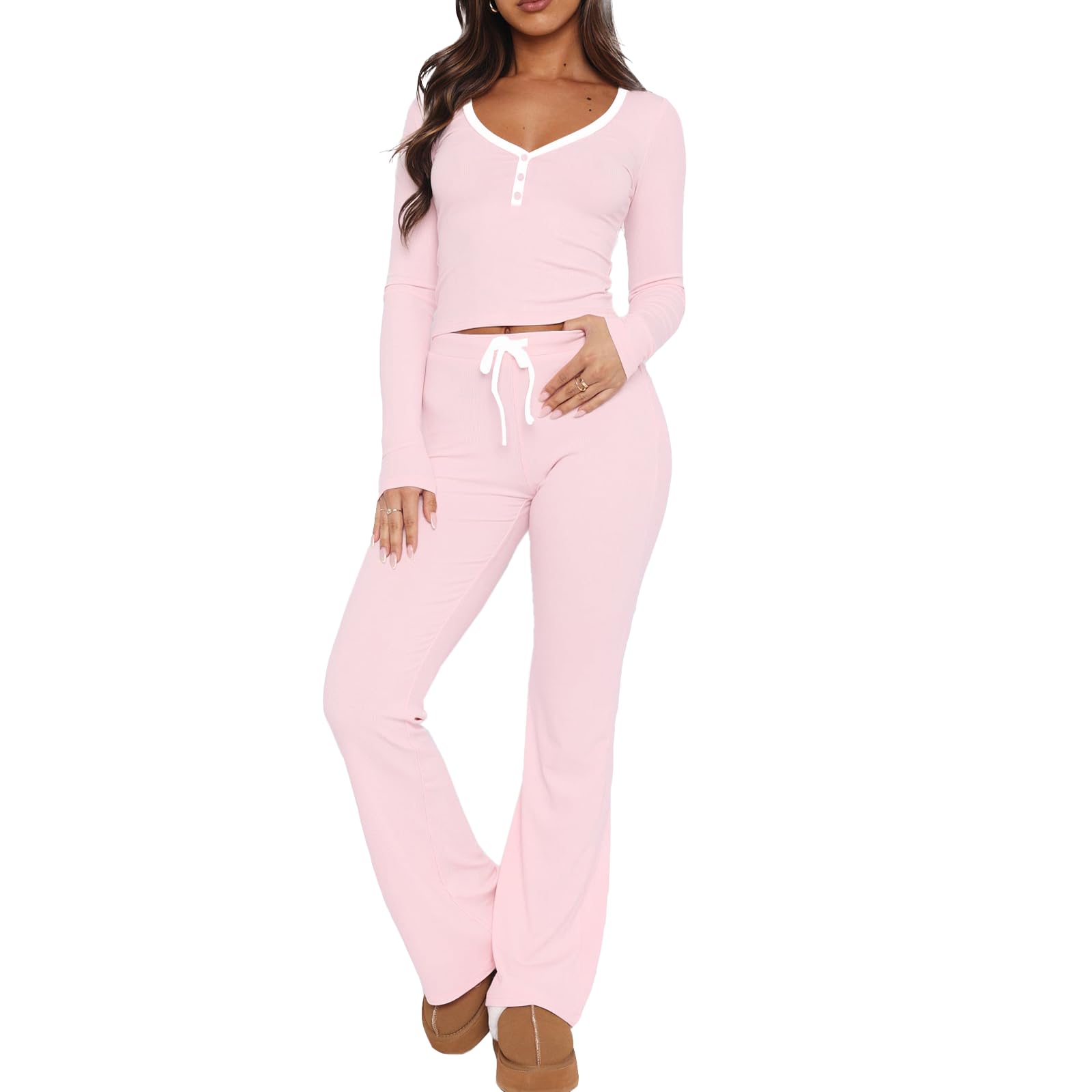LACOZY Langärmeliges Damen-Pyjama-Set, 2-teilig, bauchfreies Oberteil und Hose, V-Ausschnitt, Farbblock, Tank-Top, Lounge-Outfits