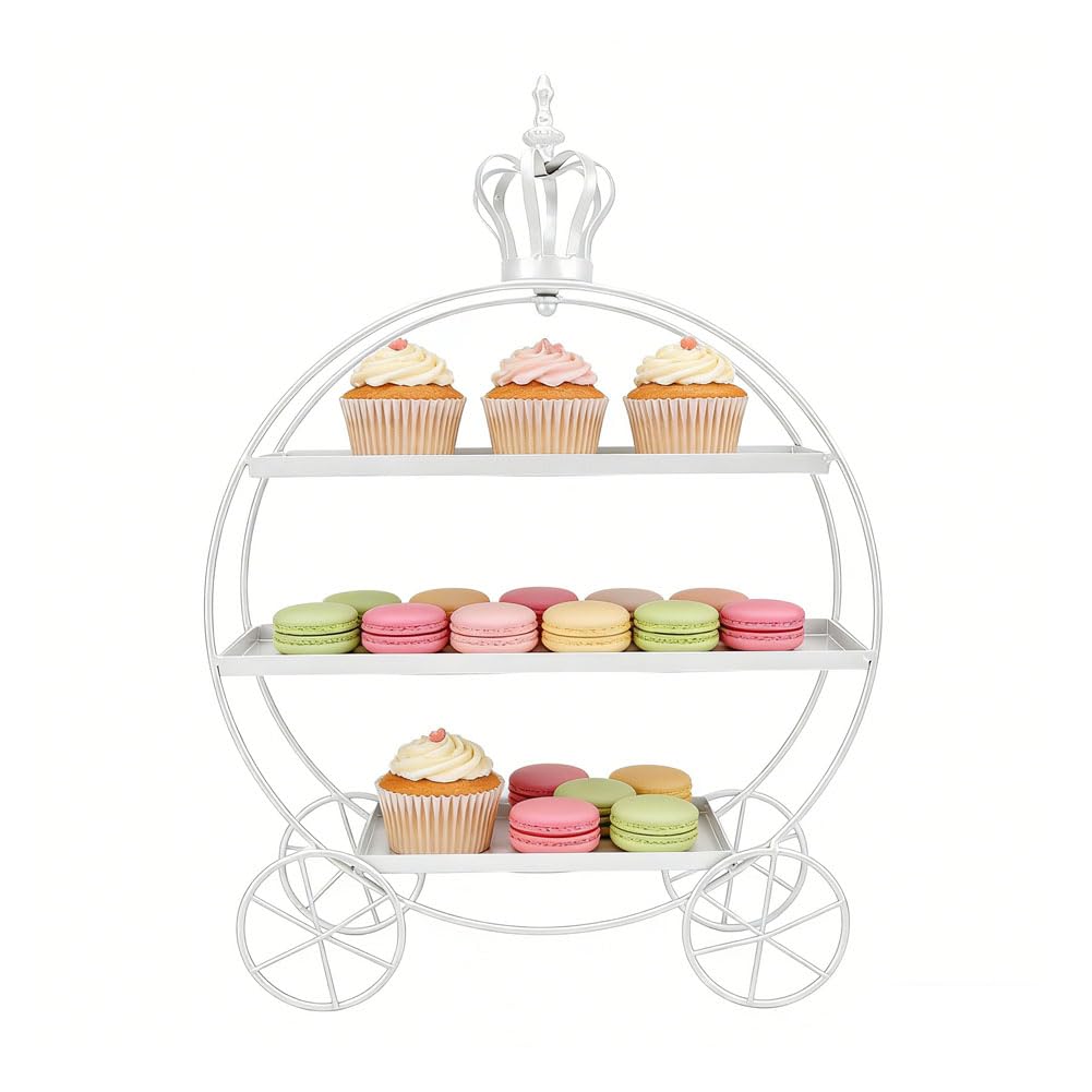 Présentoir à Cupcakes à 3 Étages, Présentoir à Desserts en Fer Forgé en Forme de Couronne, Plateau de Service Métallique à Étages pour Cupcakes, Beignets, Fruits et Biscuits(Blanc)