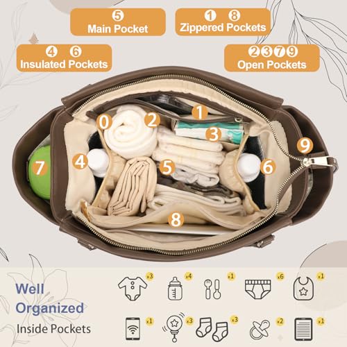Image of miss fong Checkered Diaper Bag Tote Leather Diaper Bag Backpack, Large Capacity Mommy Bag Hospital Bag, 12 Pockets Travel Diaper Tote with Changing Pad for Mom Plaid Tote Bag for Women-Coffee