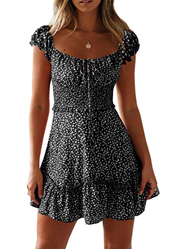 Image of Valphsio Womens Smocked Dress Ruffle Floral Tie Front Boho Short Dresses