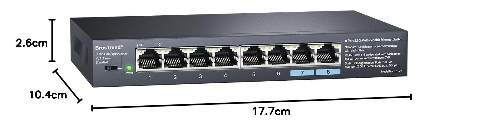 BrosTrend Switch Ethernet 2.5 Gigabit 8 Porte Unmanaged, Garanzia a Vita | VLAN & Statico Aggregazione di Link, Sdoppiatore LAN Hub Ethernet Switch 2,5Gb, Senza Ventola, Plug e Play, Montaggio Desktop