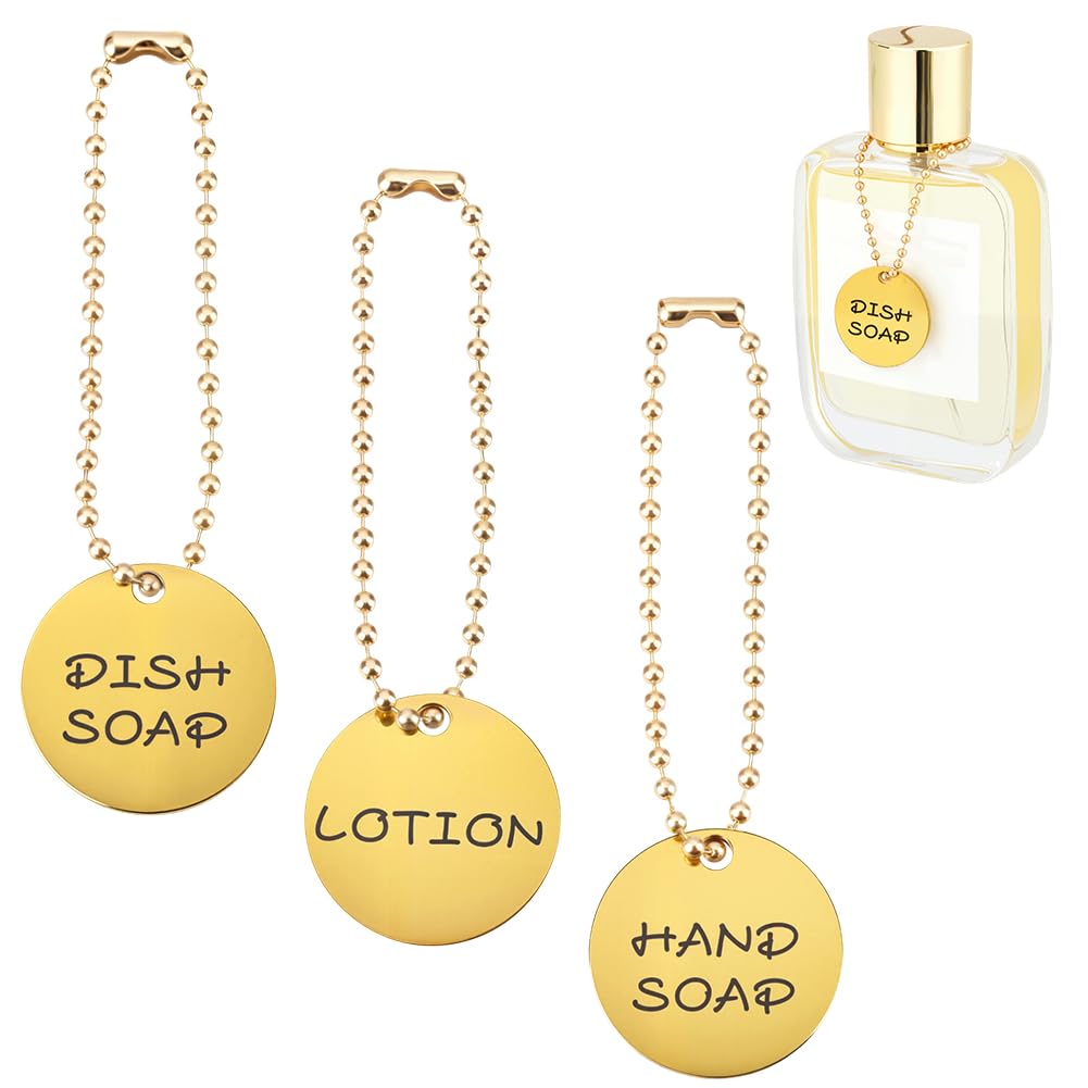 AHANDMAKER 12 Pack Soap Dispenser Tags 3 Styles Stainless Steel Dish Soap, Hand Soap, Lotion Bottle Labels for Organize Jar Shampoo Creams Kitchen Bathroom Housewarming Gifts, Gold