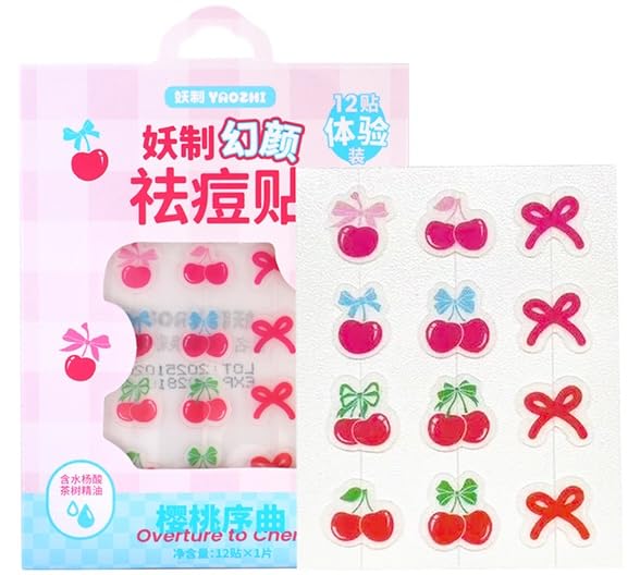 YAOZHI Decorative Pimple Patches – Salicylic Acid & Tea Tree Infused Hydrocolloid Acne Covers – Cute Designs for Blemish Treatment – Day & Night Use (Overture to Cherry)