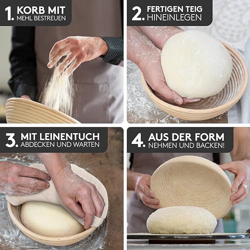 Foto von Liebspecht Hochwertiger Gärkorb rund (25cm) - Peddigrohr Brotbackform mit waschbarem Leineneinsatz - Optimal für 1Kg Teig - Das perfekte Brot Backen Zubehör - Gärkorb, Brotkorb, Gärkörbchen