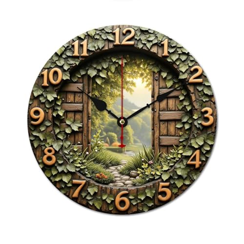 緑の蔦時計窓から見える庭園風景 掛け時計 北欧 壁掛 木製 10in/12in 軽量 部屋飾り 人気 ギフト静音 非電波 読みやすい リビングルーム 寝室 オフィス 25*25cm