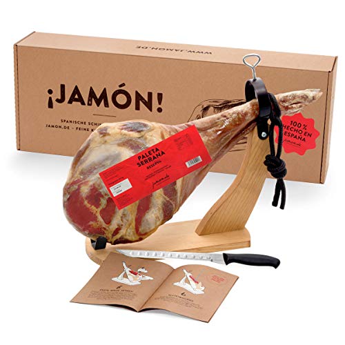 Jamon-Box Nr. 1 von jamon.de - Serrano Schinken 4,5 Kg im Geschenkkarton mit Zubehör | Schinken-Set inklusive Schinkenständer, Messer & Schneide-Anleitung | ideal als Geschenk