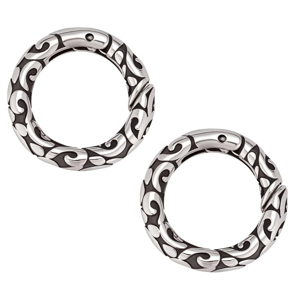 CRAFTYMELODY 2Pcs Tibetan Style Spring Gate Rings 304 Stainless Steel O Ring Clips Snap Hooks with Pattern 20.5mm Carabiners Buckle Clasps for Bracelet Necklace Key Chains Jewelry Making