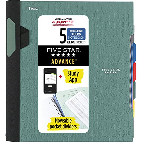 Five Star Spiral Notebook + Study App, 5 Subject, College Ruled Paper, Advance Notebook with Spiral Guard, Movable Tabbed Dividers and Expanding Pockets, 8-1/2" x 11", 200 Sheets, Green (73148) #1