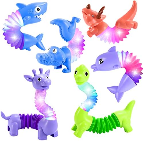 Animals Fidget Toys for Toddlers: 6 Pack LED Animal Pop Tubes for Kids 2 3 4 5 6 Year Old Girls Boys Gifts New Autism Sensory Toy for Toddler Age 3-5 Tube Set Light Up Party Favors Girl Boy Gift