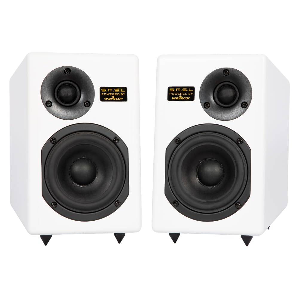 SMSL Bookshelf Speakers Passive Stereo Hi-Fi Tabebuia Speakers(Pair),Powered by Wavecor,1″ Dome Tweeter & 4.5″ Woofer | 4Ω 56Hz-32kHz (White)