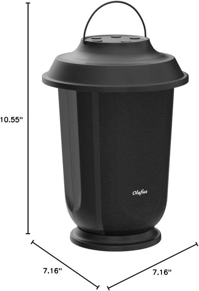 Diagram showing the dimensions of the Olafus Outdoor Bluetooth Speaker: 7.16 inches deep, 7.16 inches wide, and 10.55 inches high.