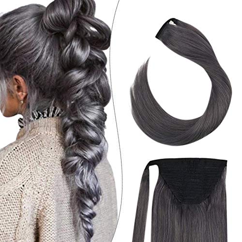 Ugeat Remy Ponytails Hair Extensions Silver Hair Extensions Clip in Ponytail Hair Extensions with Comb 16 Inch Ponytails Wrap Around Clip in Ponytails Human Hair 60G