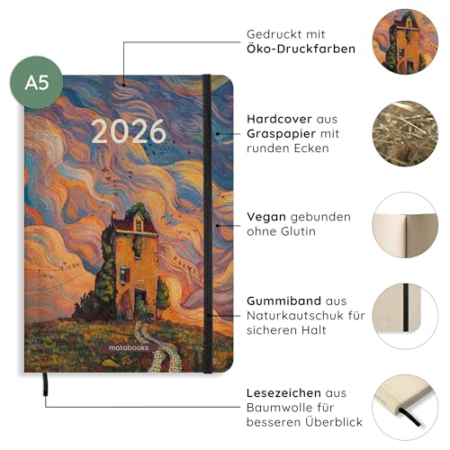 matabooks – A5 Kalender Samaya 2026 Farbe: Sunset (DE/EN): Veganer Jahresplaner aus nachhaltigem Graspapier