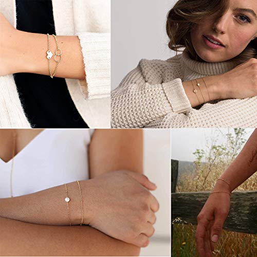 Softones 12pcs Simple Silver Gold Bracelets for Women Girls Cute Pearl Bracelet Tiny Charm Dainty Handmade Bracelet Set Adjustable - Image 3