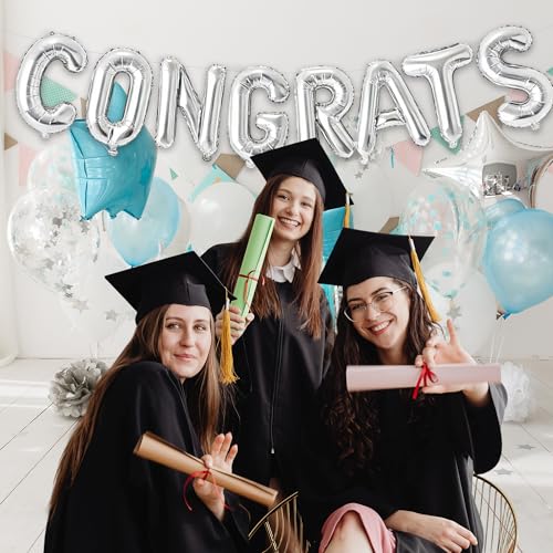 Image of Congrats Balloons, Graduation, Wedding, Bridal Party Supplies Decorations, Silver, 16 Inch