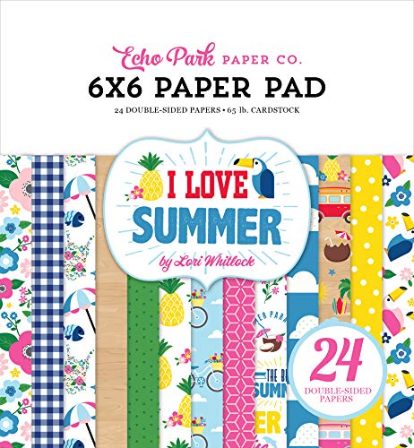 Echo Park Paper Company I Love Summer - Papel para manualidades (6 x 6 papeles), color rosa, azul petróleo, verde, amarillo, azul y rojo