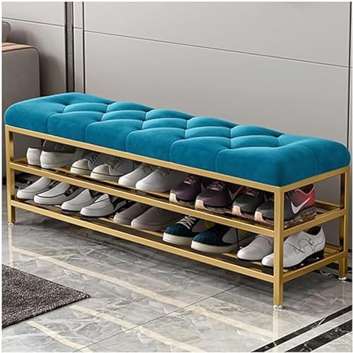 Image of Shoe Rack Bench Organizer with Mesh Seat for Bedroom Entry Window Mudroom Living Room, 2-Tier Fleece Bench Bench for Entryway (Blue Gold)